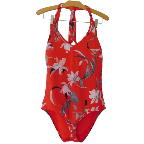 Athleta Waimea Floral Plunge Halter One Piece Swimsuit Womens Medium Beach Pool - Picture 1 of 6